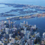 aerial view of miami skyline with skyscrapers downtown brickell and miami beach at night in miami, usa, north america