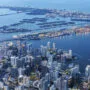 aerial view of miami skyline with skyscrapers downtown brickell and miami beach at night in miami, usa, north america