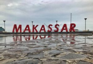 landmark makassar, located on losari beach in rainy day