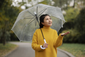 rain portrait young beatiful woman with umbrella