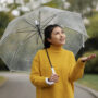 rain portrait young beatiful woman with umbrella