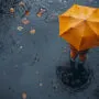 young child enjoying childhood happiness by playing puddle water after rain