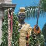 kamehameha statue draped in floral standard
