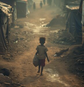 photorealistic kid refugee camp