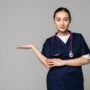 medical doctor woman presenting and showing copy space for product or text.