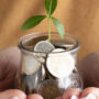person holding jar coins hands