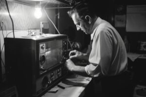 black white vintage portrait man doing housework household chores