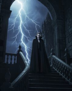 dracula staircase with lightning background
