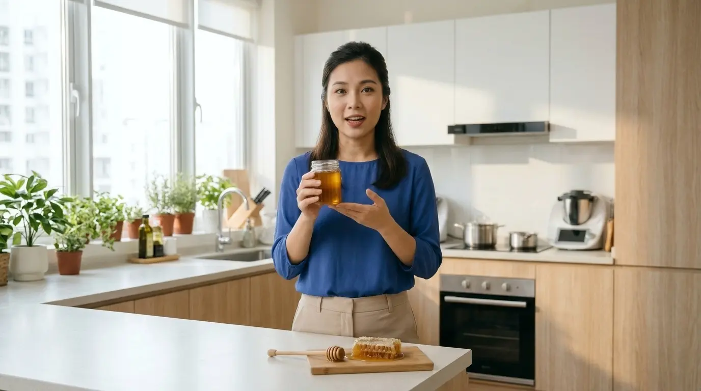 woman presenting jar of honey 20261026101854